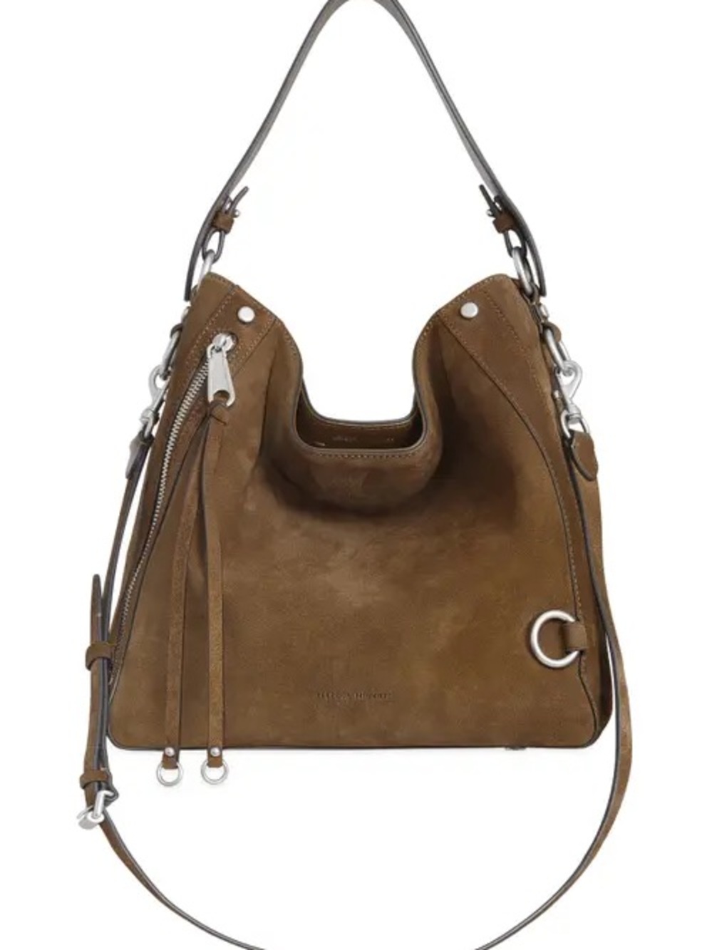 Rebecca Minkoff M.A.B. Suede Hobo Shoulder Bag in Whiskey with Silver Hardware